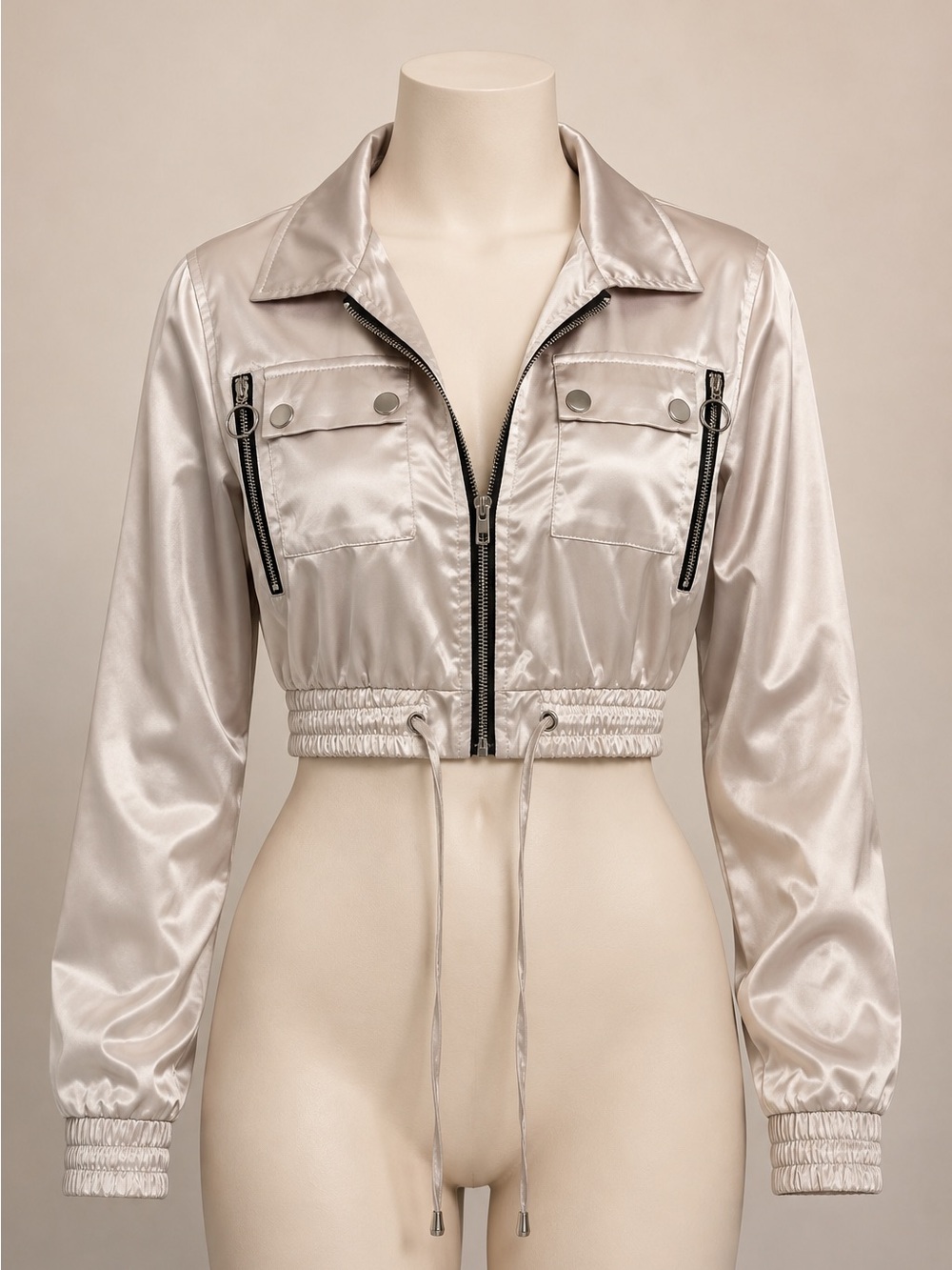 ChicMe Medium Champagne Satin Cropped Utility Bomber Jacket Y2K